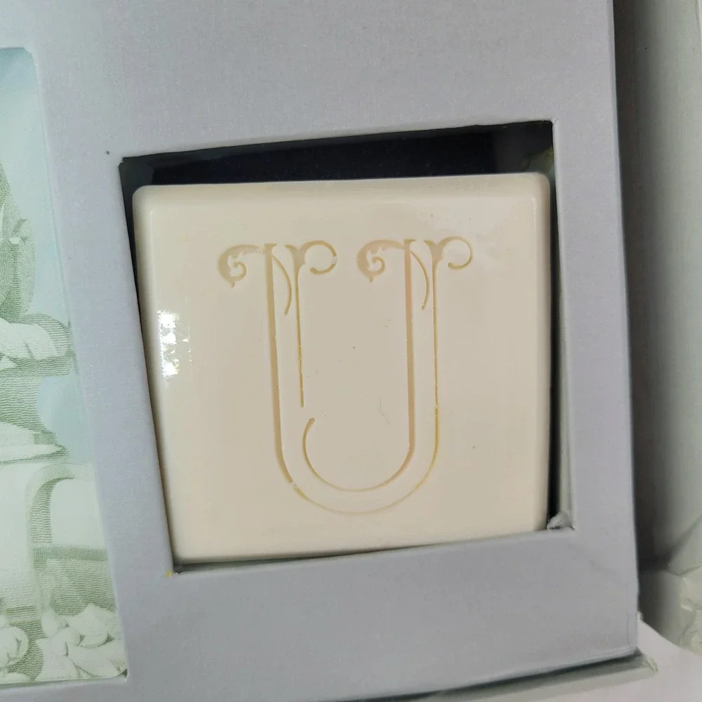 Fringe Studio Monogram U Soap and Glass Trinket Tray Gift Set Bamboo Gingergrass